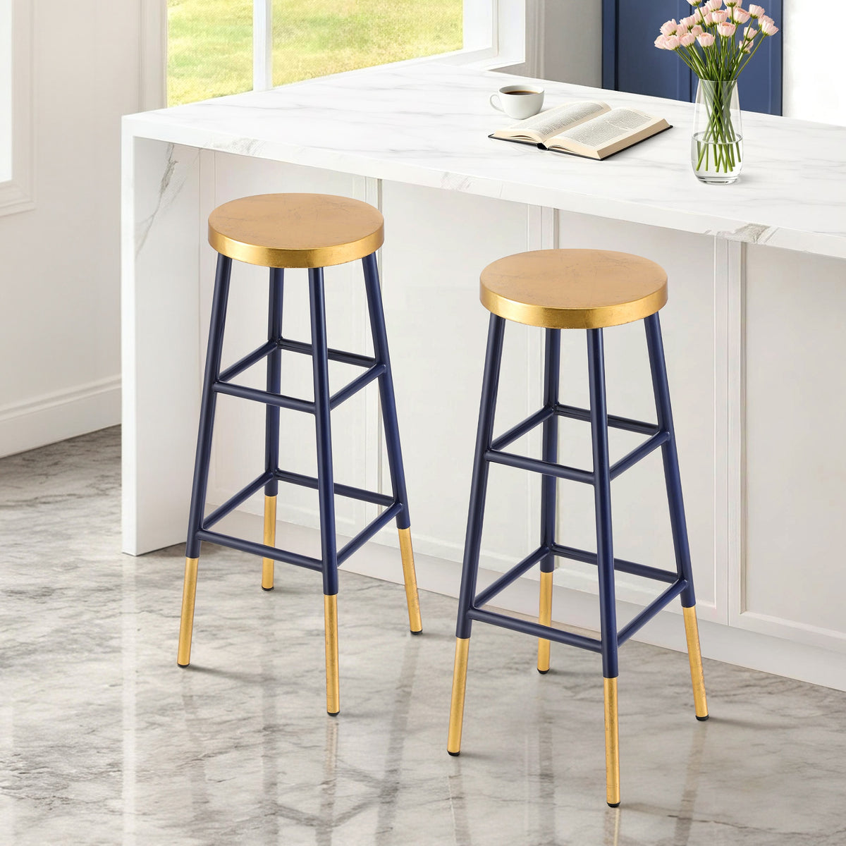 Bar Stools Set 2pc | Metal Counter Stools | Gold & Navy