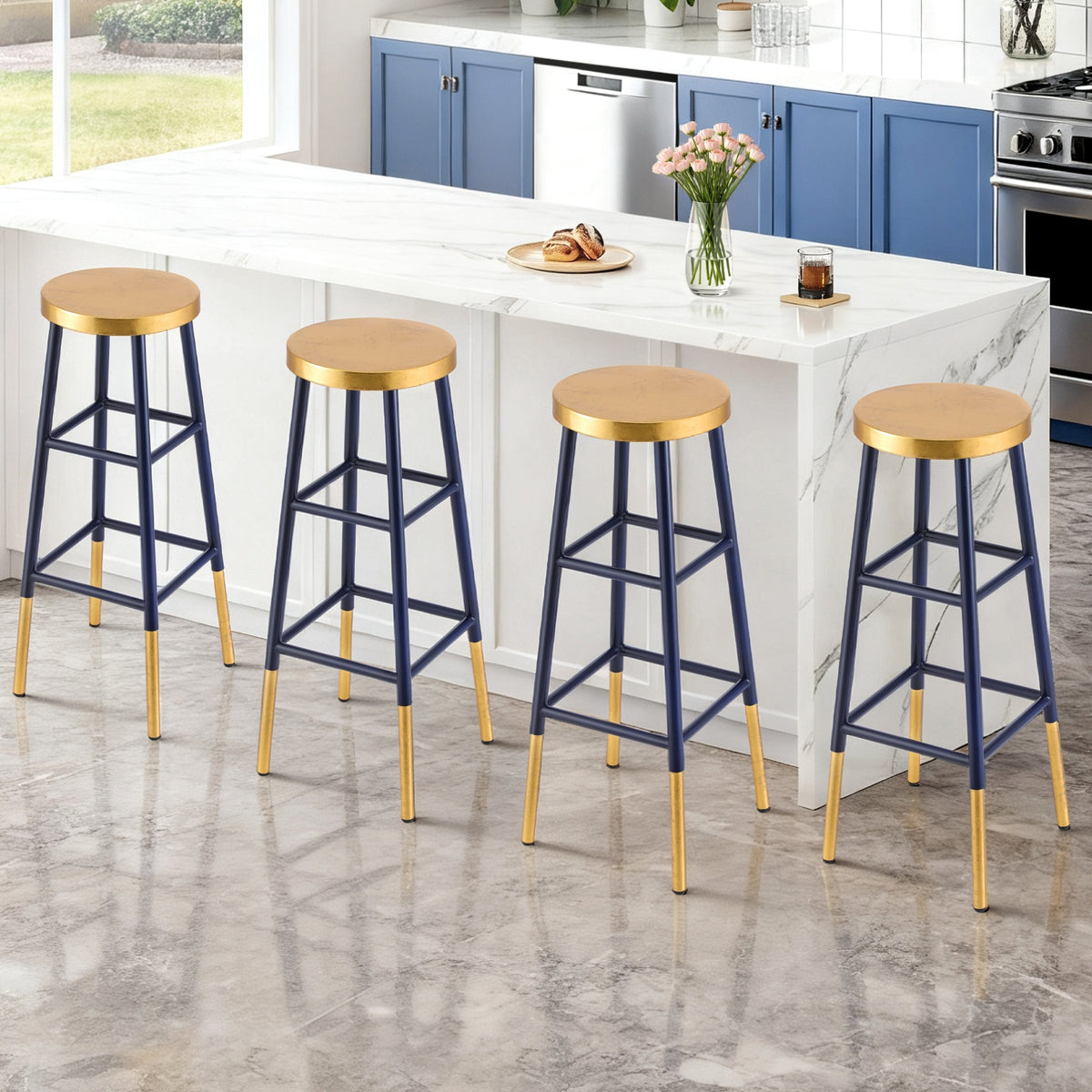 Metal Bar Stools Set 4pc | Two Tone | Gold & Navy
