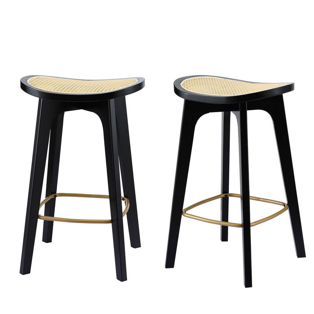 Bar Stools Set 2pc | Bamboo Rattan Saddle Seat | Black