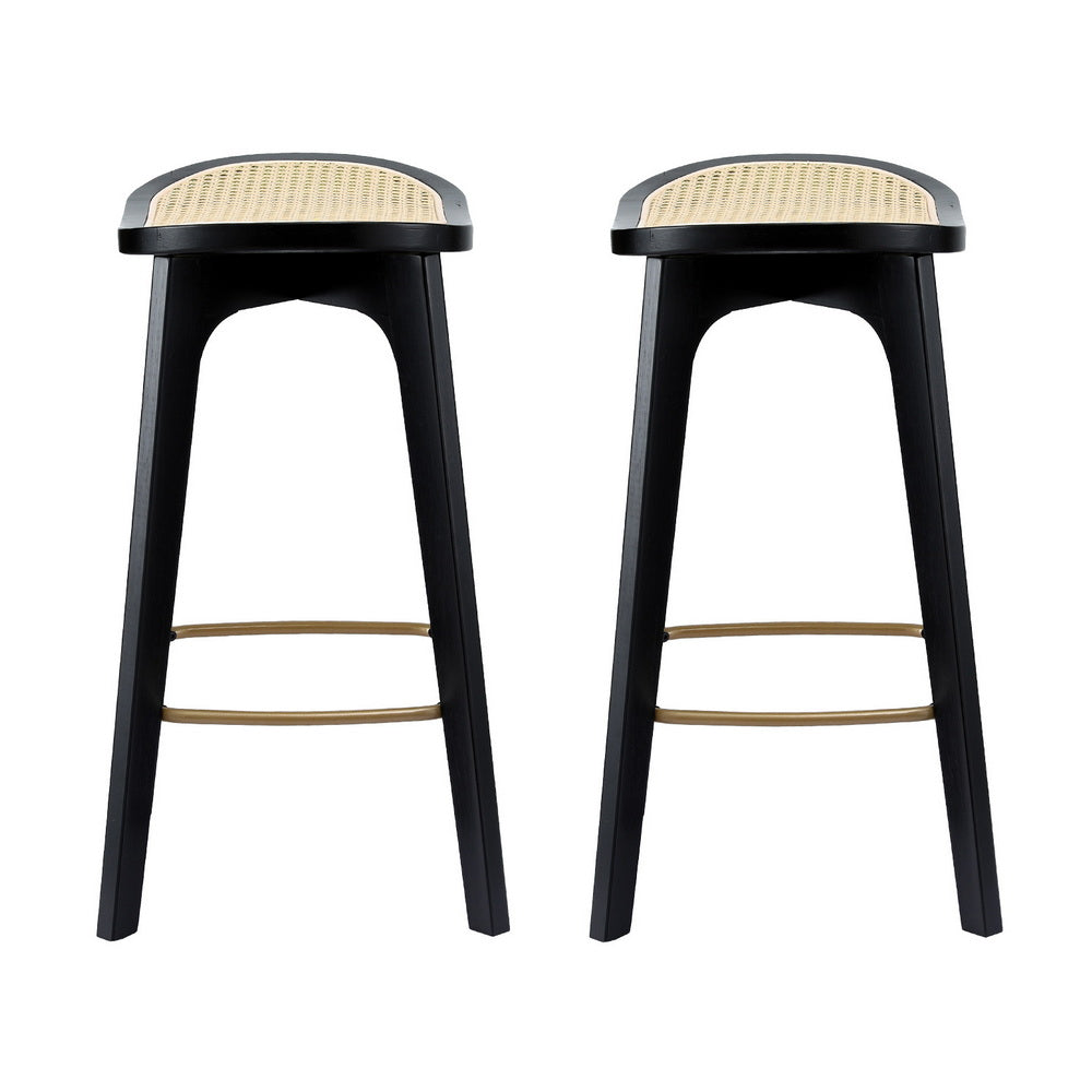 Bar Stools Set 2pc | Bamboo Rattan Saddle Seat | Black