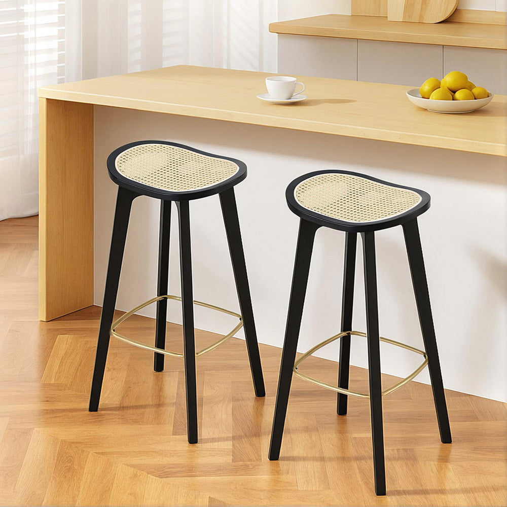 Bar Stools Set 2pc | Bamboo Rattan Saddle Seat | Black
