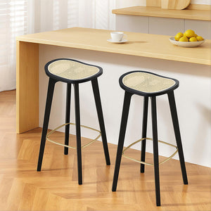 Bar Stools Set 2pc | Bamboo Rattan Saddle Seat | Black