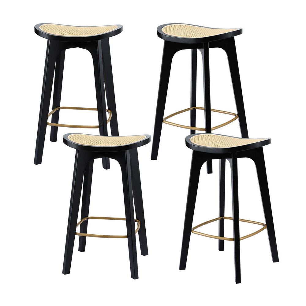 Rattan Bar Stools Set 4pc | Bamboo Saddle Seat | Black