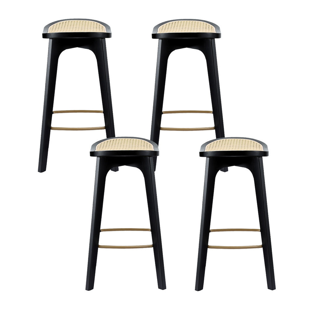 Rattan Bar Stools Set 4pc | Bamboo Saddle Seat | Black