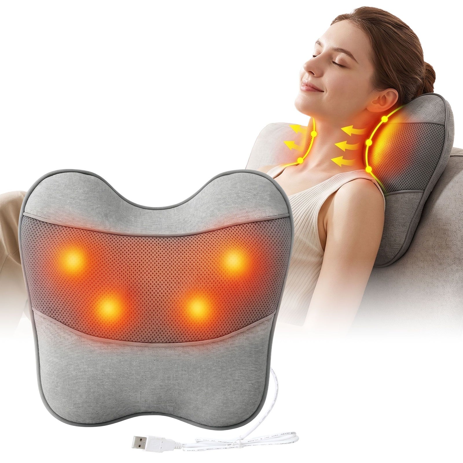 USB Massage Pillow | Heated Neck & Shoulder Support Cushion | Grey