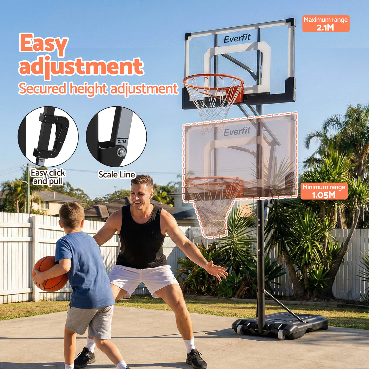 Portable Basketball Hoop | Adjustable Height 1.05m–2.1m | Backyard Pool Goal
