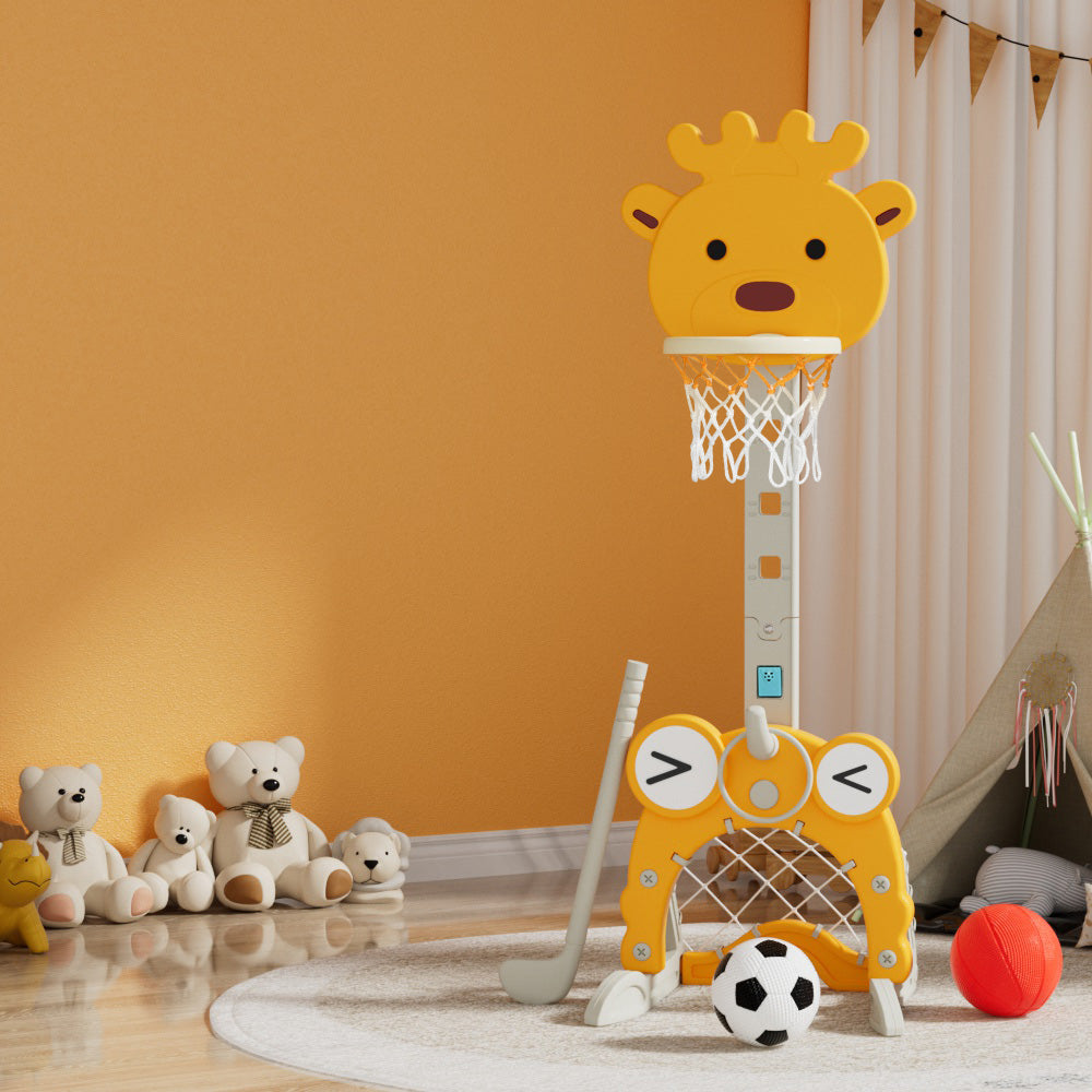Keezi Kids Basketball Hoop Stand | Adjustable | 5-in-1 Sports Center | Toys Set | Yellow