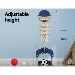 Keezi Kids Basketball Hoop Stand | Adjustable | 6-in-1 Sports Center | Toys Set | Blue
