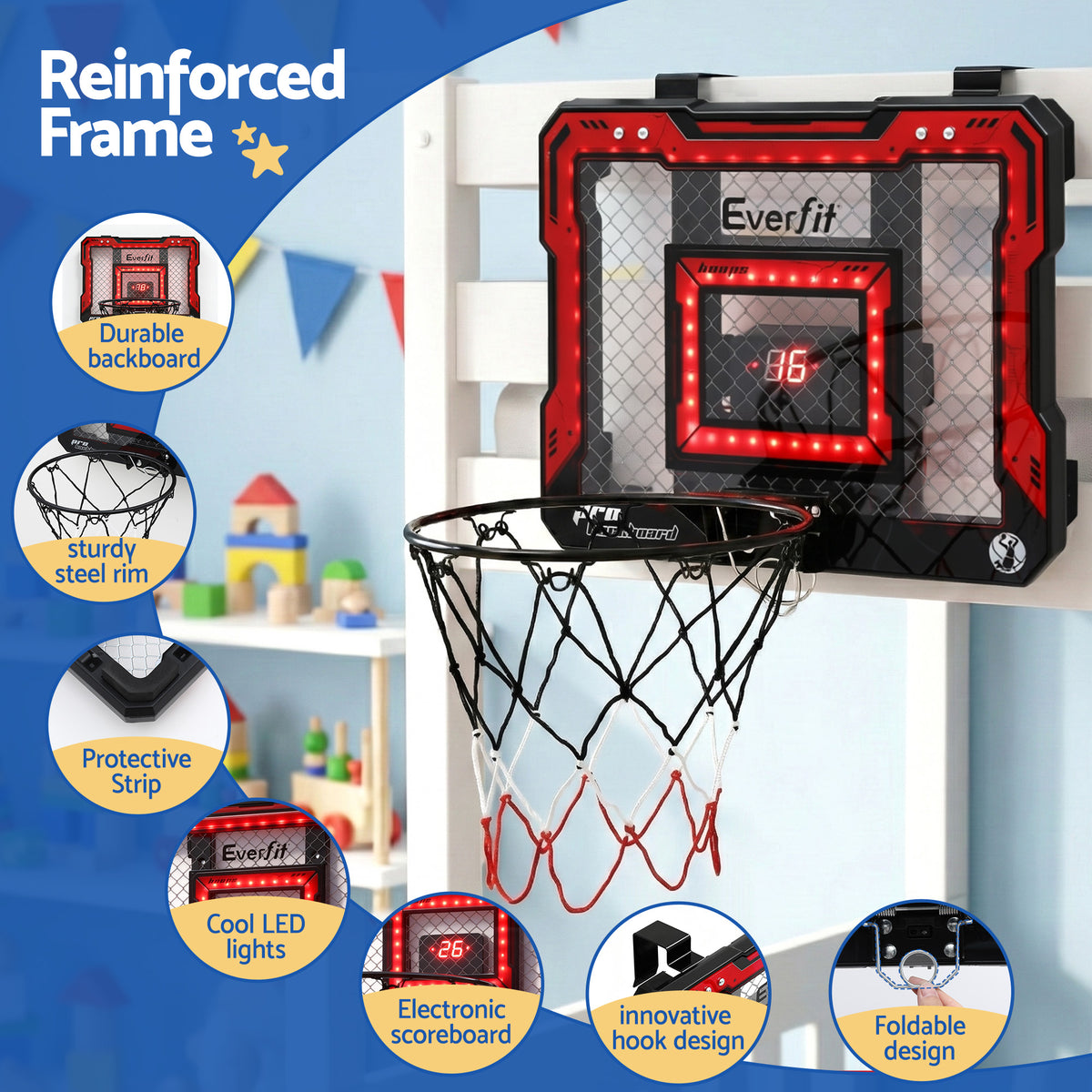 Over Door Mini Basketball Hoop | LED Scoreboard | Kids Set | 40x30cm