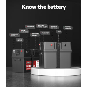 Giantz Battery Box 500W Inverter | Deep Cycle Battery | Portable | Caravan | Camping | USB