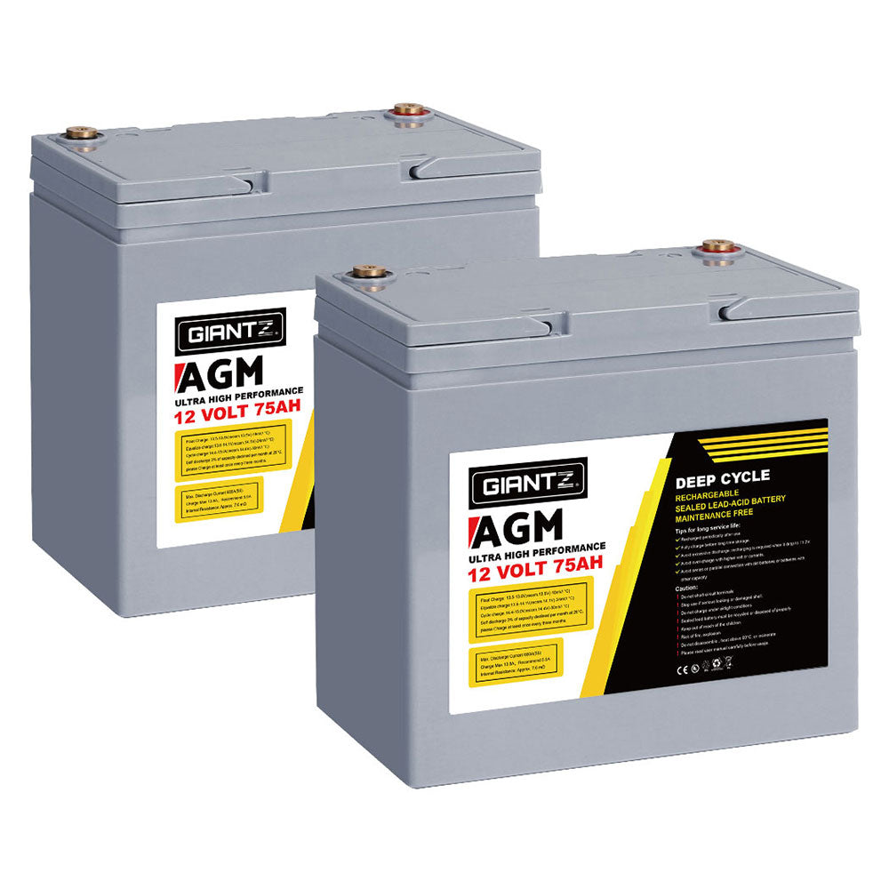 AGM Deep Cycle Battery | 12V 75Ah (x2) with Portable Solar Box | Caravan & Camping