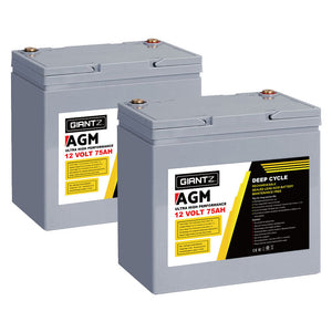 AGM Deep Cycle Battery | 12V 75Ah (x2) with Portable Solar Box | Caravan & Camping