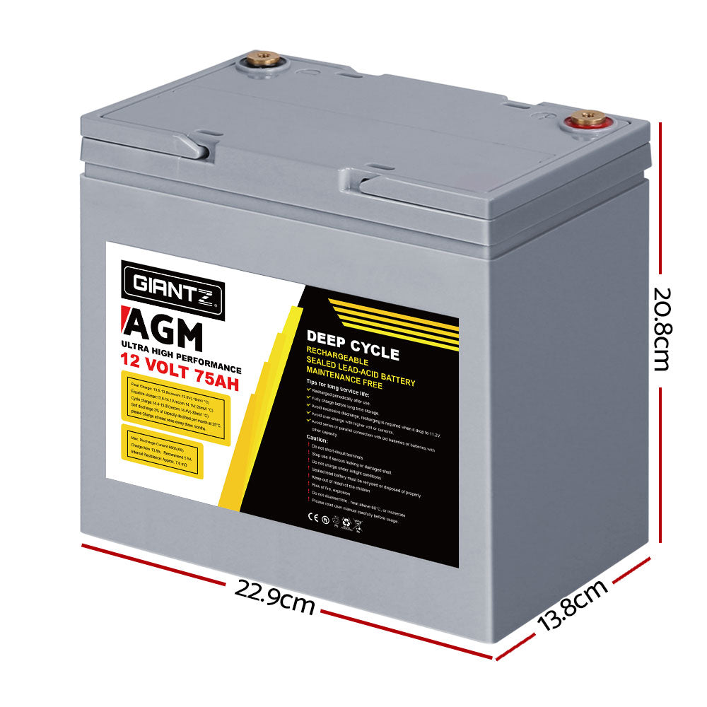 AGM Deep Cycle Battery | 12V 75Ah (x2) with Portable Solar Box | Caravan & Camping