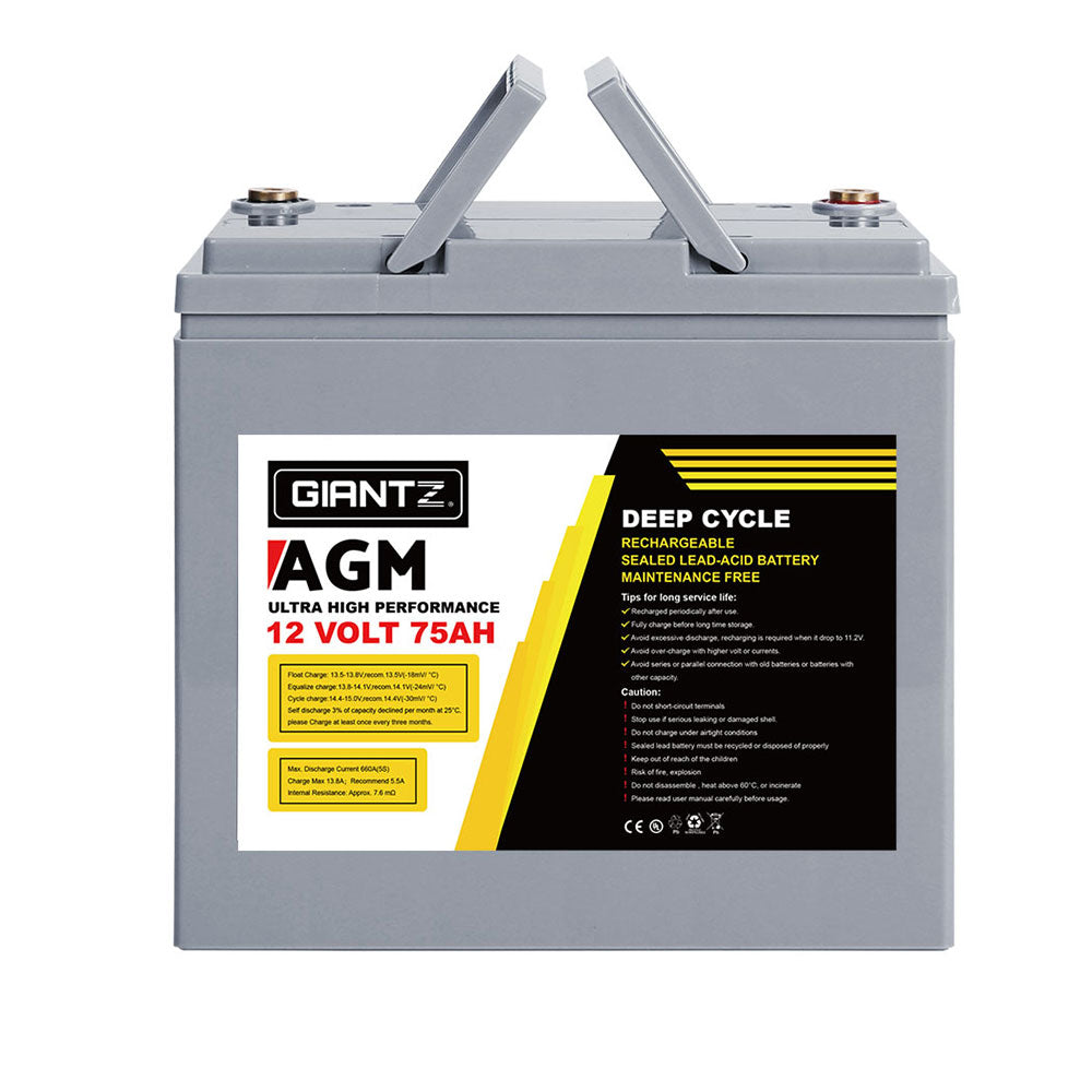 AGM Deep Cycle Battery | 12V 75Ah (x2) with Portable Solar Box | Caravan & Camping