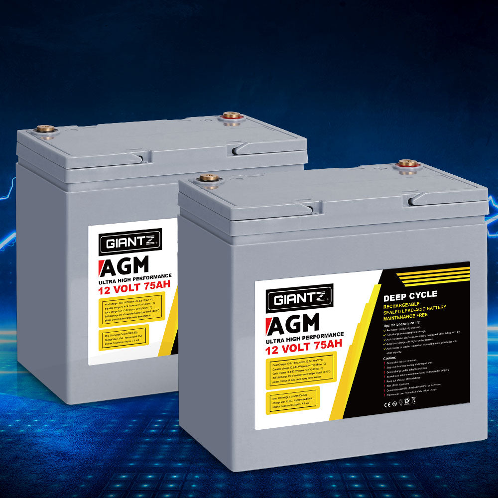 AGM Deep Cycle Battery | 12V 75Ah (x2) with Portable Solar Box | Caravan & Camping