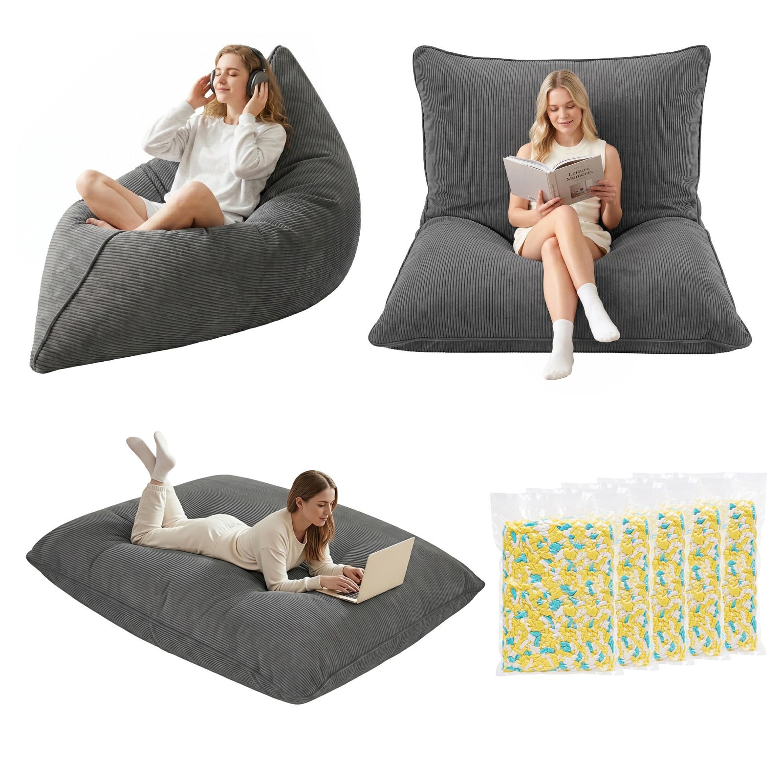 Bean Bag Chair with Filler | 3-In-1 Convertible Corduroy Chair | Grey