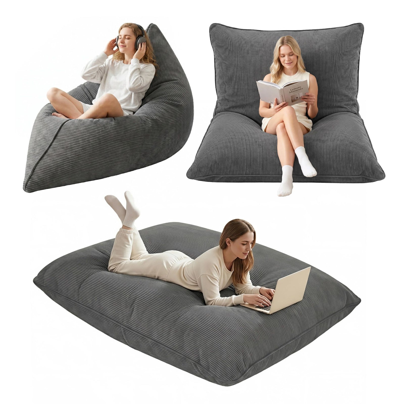 Bean Bag Chair Cover | 3-In-1 Convertible Cover | No Filler | Grey