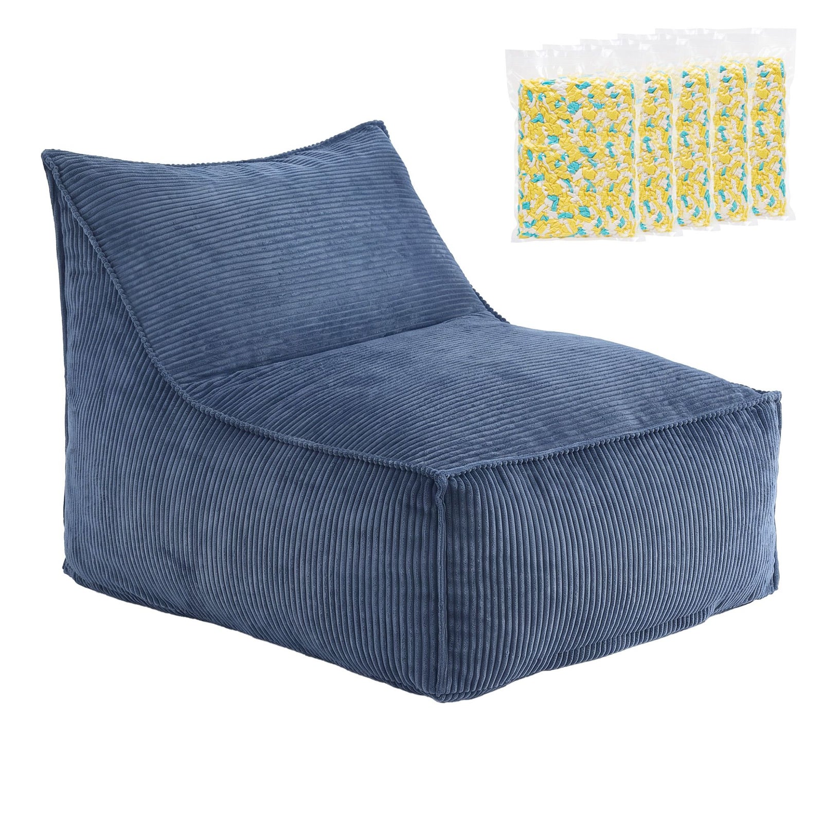 Corduroy Bean Bag Chair with Filler | Soft Storage Sofa | Blue