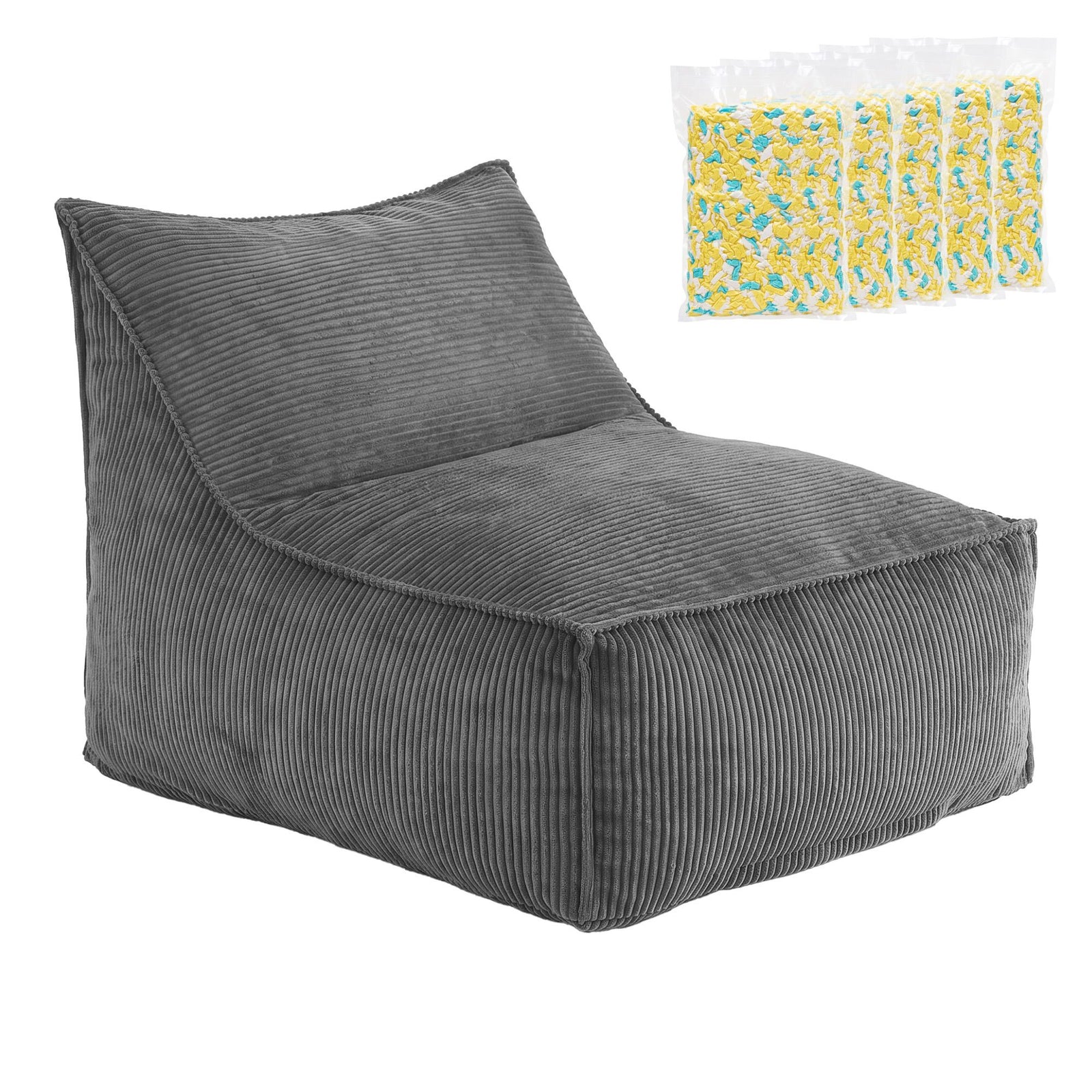 Corduroy Bean Bag Chair with Filler | Soft Storage Sofa | Grey