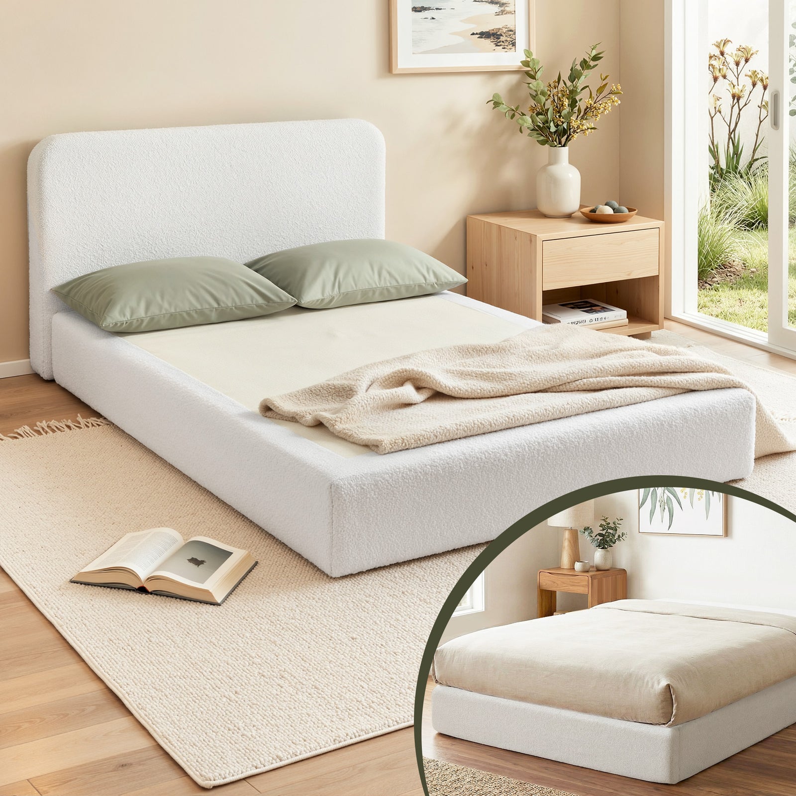 Compression Bed Frame | Queen Size Boucle Bed Base | Cream White