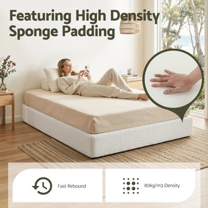 Artiss Compression Bed Frame Queen Size No Assembly Vacuum High Density Sponge Boucle Cream White