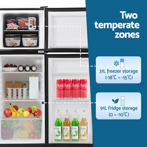 122L Two Door Bar Fridge | Freezer Compartment | Mini Fridge | Black
