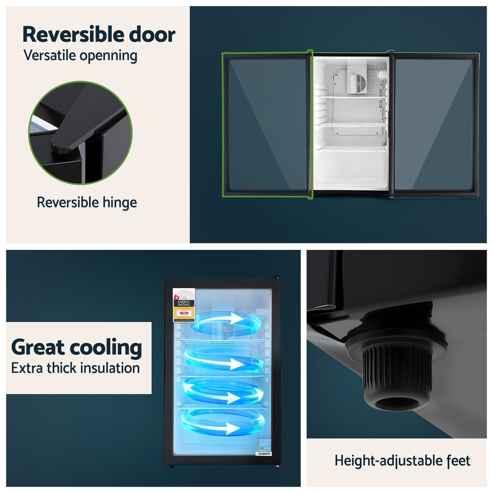 105L Bar Fridge | Glass Door | Mini Countertop Cooler | Black