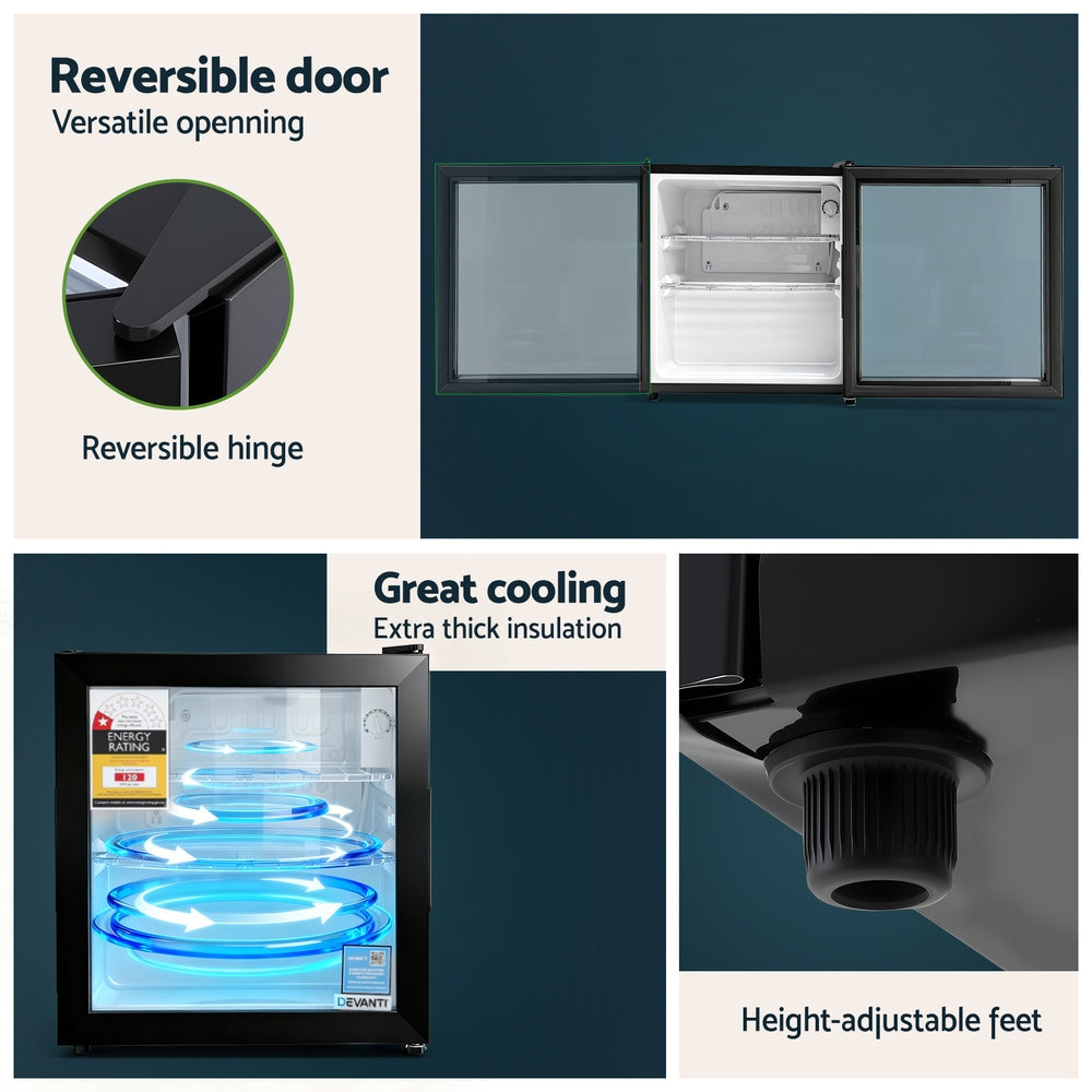 40L Bar Fridge | Glass Door | Mini Countertop Cooler | Black