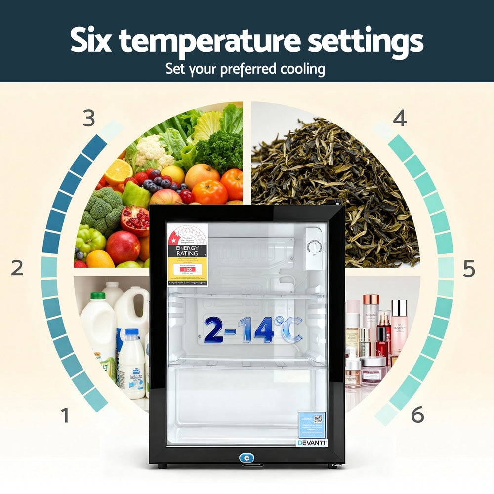 56L Bar Fridge | Glass Door | Mini Countertop Cooler | Black