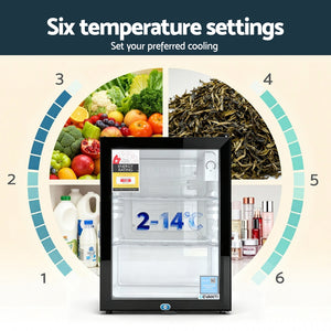 56L Bar Fridge | Glass Door | Mini Countertop Cooler | Black