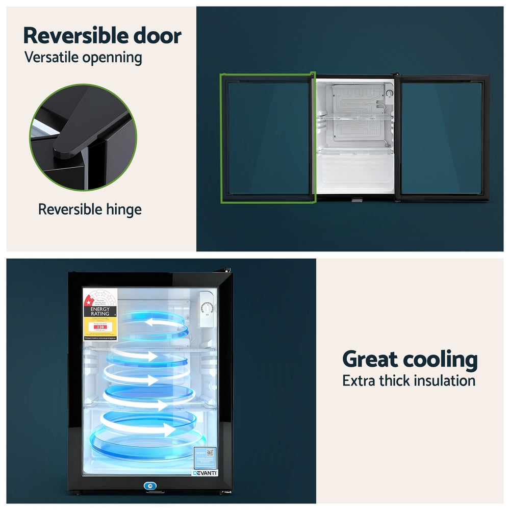 56L Bar Fridge | Glass Door | Mini Countertop Cooler | Black