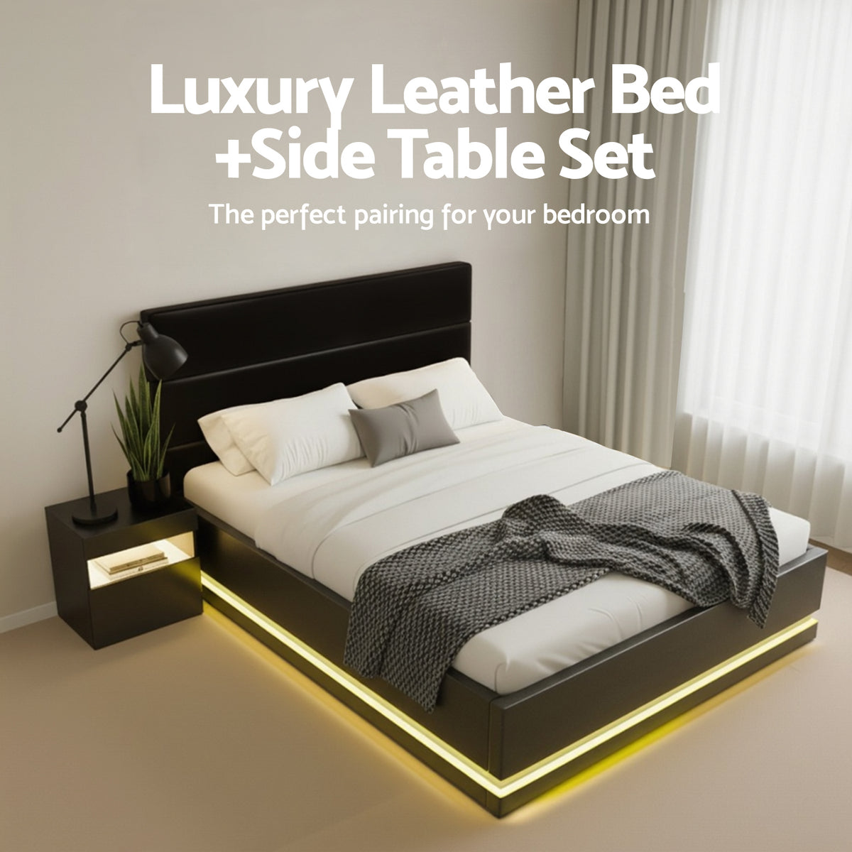 RGB LED Double Bed Frame Set | 16 Colour Mood Lighting | Includes Bedside Table