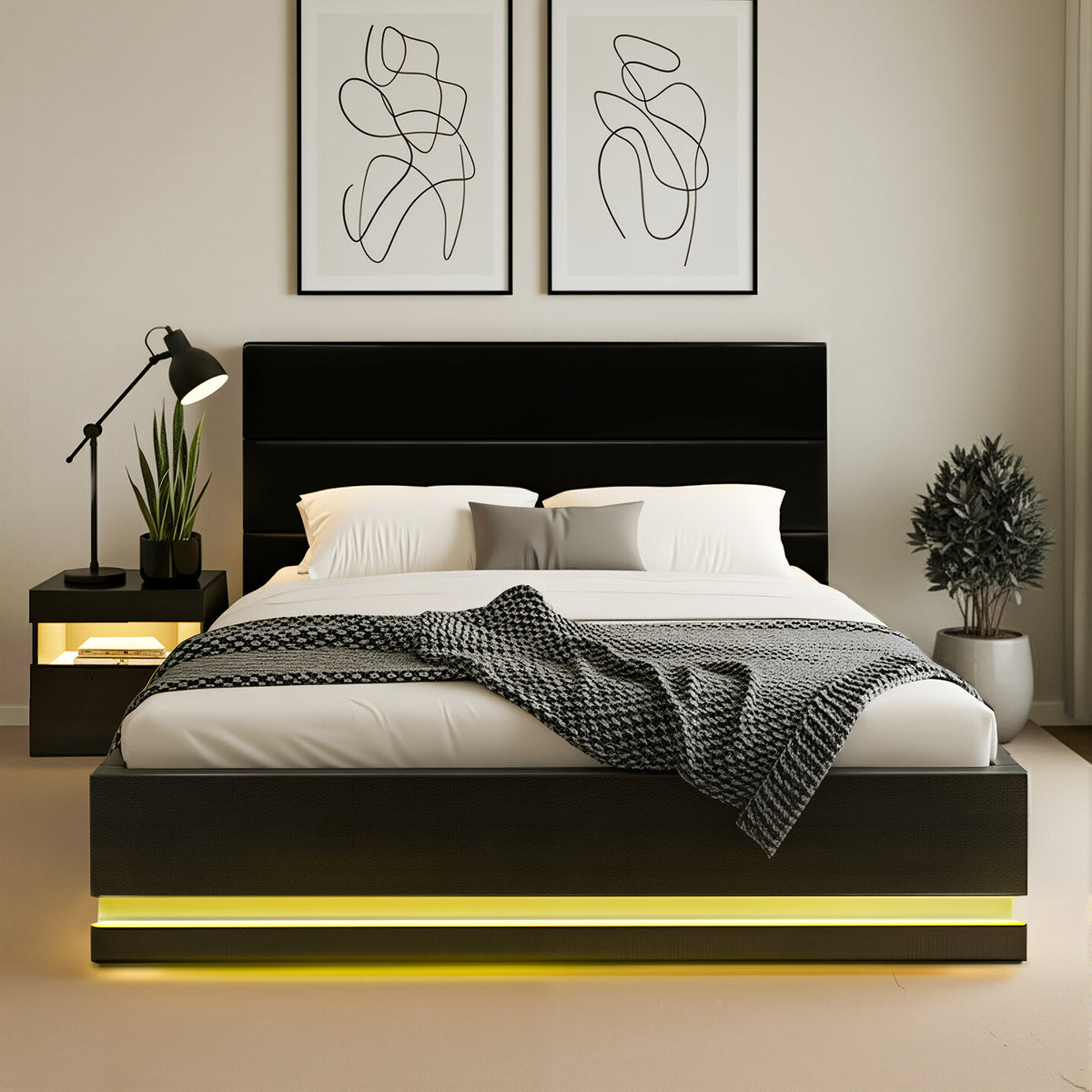 RGB LED Double Bed Frame Set | 16 Colour Mood Lighting | Includes Bedside Table
