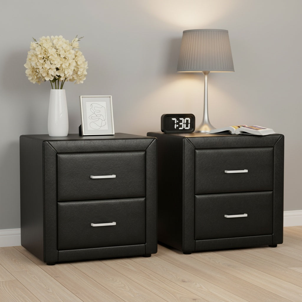 Bedside Tables Set 2pc | 2 Drawers | Leather Finish | CADEN | Black