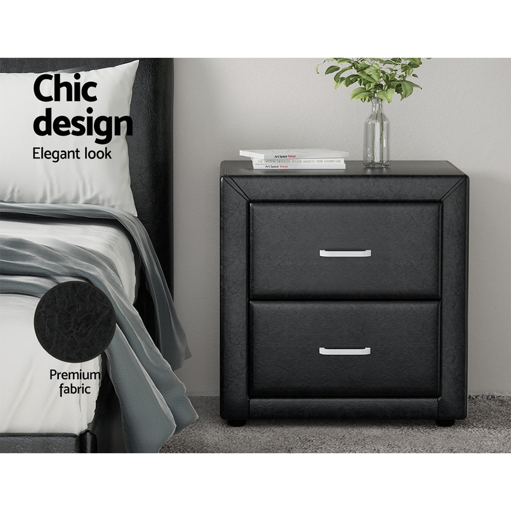 Bedside Tables Set 2pc | 2 Drawers | Leather Finish | CADEN | Black
