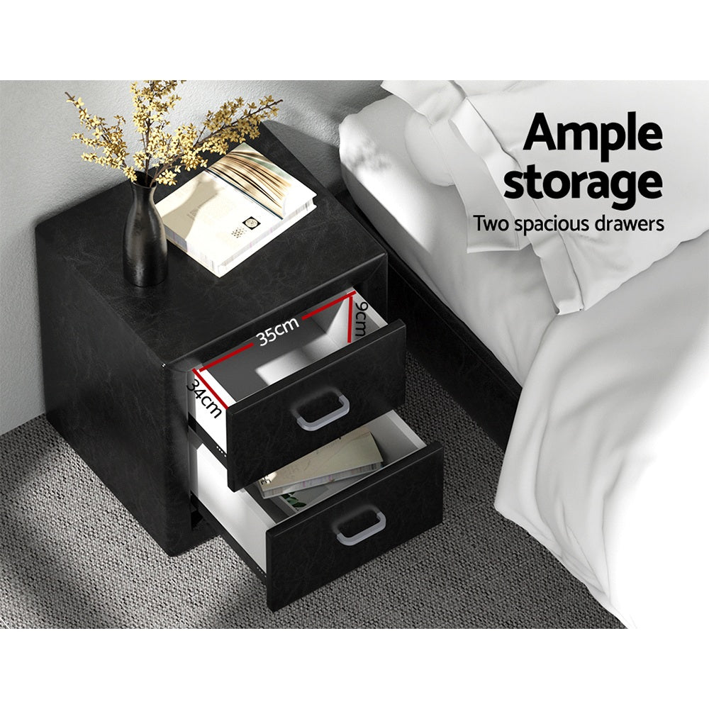 Bedside Tables Set 2pc | 2 Drawers | Leather Finish | CADEN | Black