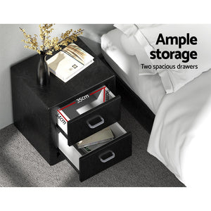 Bedside Tables Set 2pc | 2 Drawers | Leather Finish | CADEN | Black