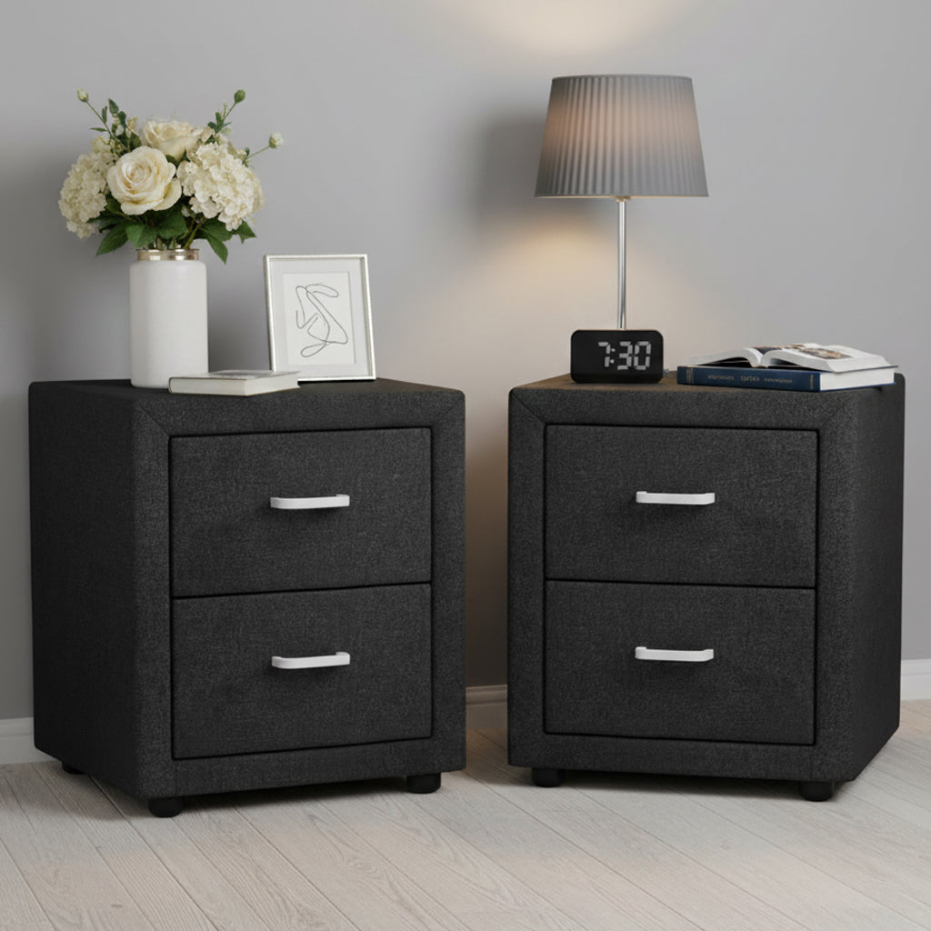 Bedside Tables Set 2pc | 2 Drawers | Fabric | CADEN | Charcoal