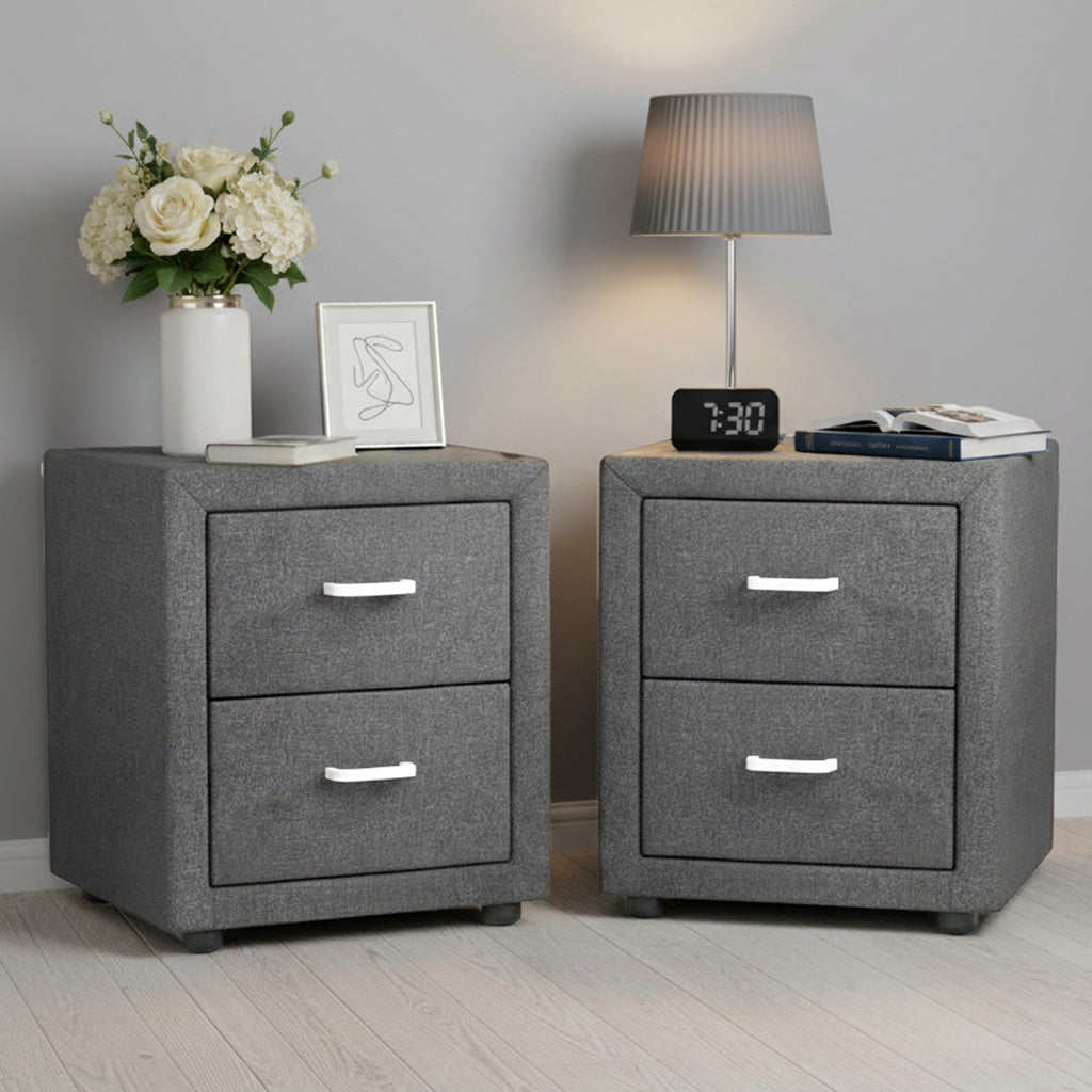 Bedside Tables Set 2pc | 2 Drawers | Fabric | CADEN | Grey