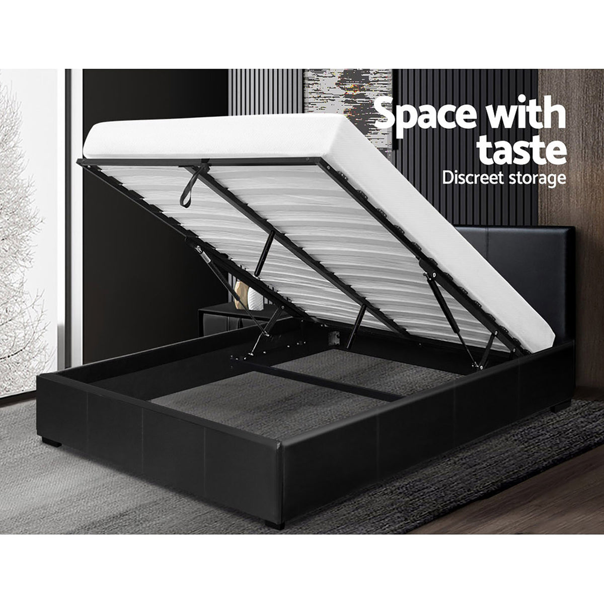 Bed Frame | Queen Size | Gas Lift | Black | NINO