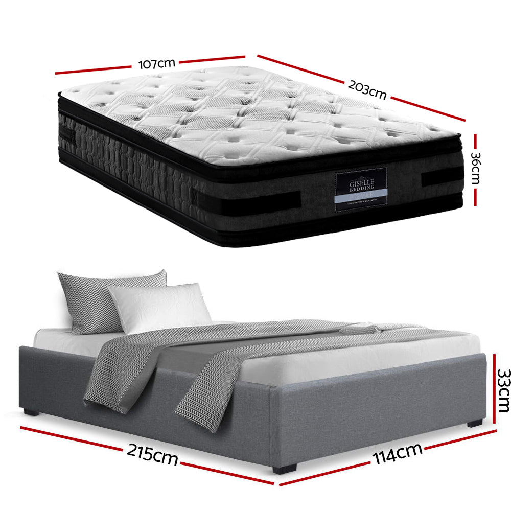 King Single Bed Frame + 36cm Mattress Set | Gas Lift Base | Grey