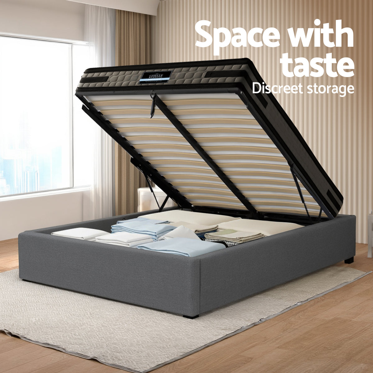 King Single Bed Frame + 36cm Mattress Set | Gas Lift Base | Grey