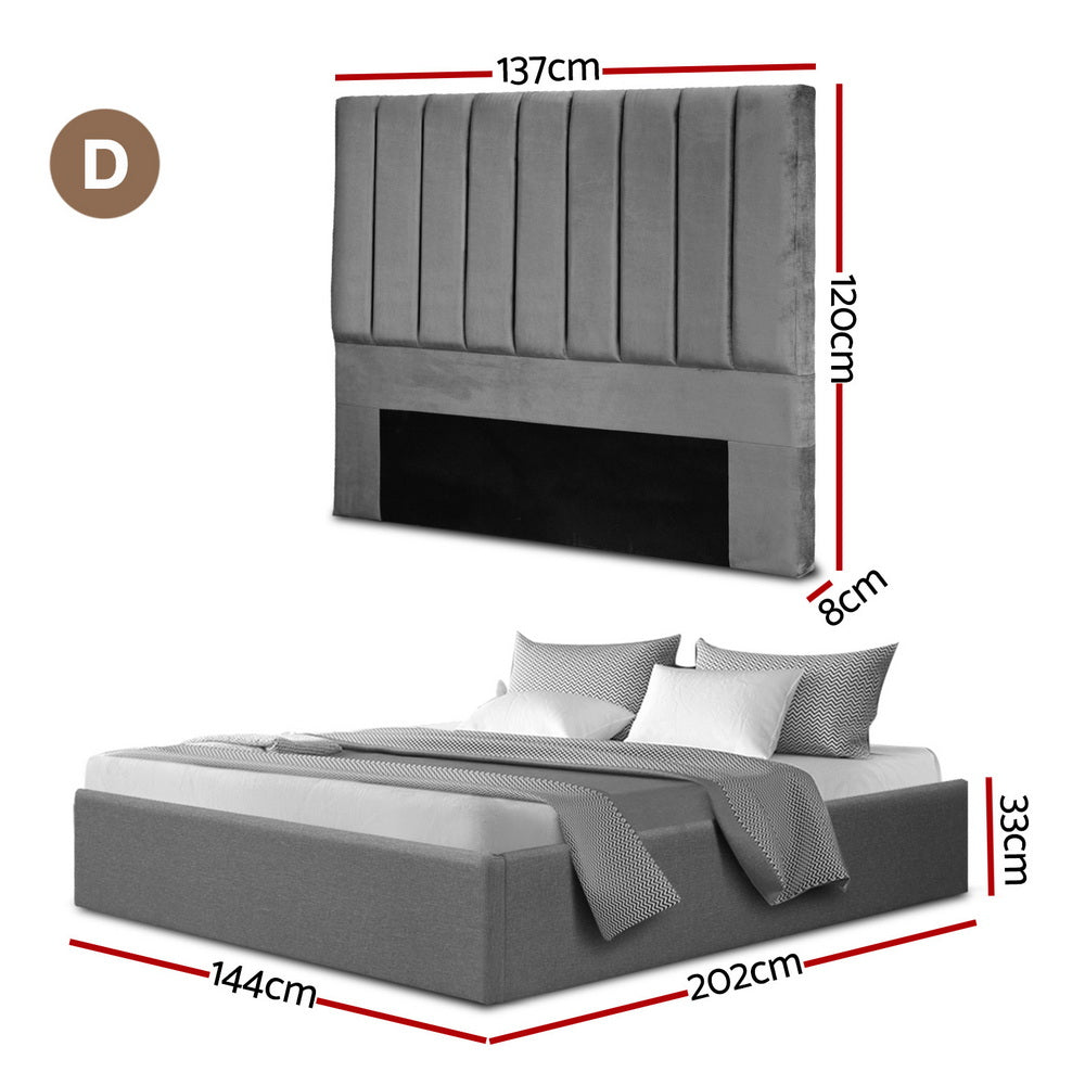 Double Bed Frame | Gas Lift Storage Base | Grey Velvet Headboard