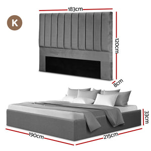King Bed Frame | Gas Lift Storage Base | Grey Velvet Headboard