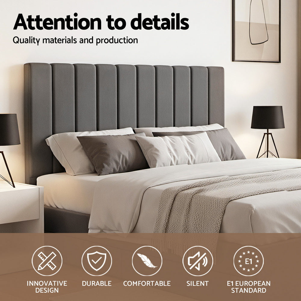 King Bed Frame | Gas Lift Storage Base | Grey Velvet Headboard