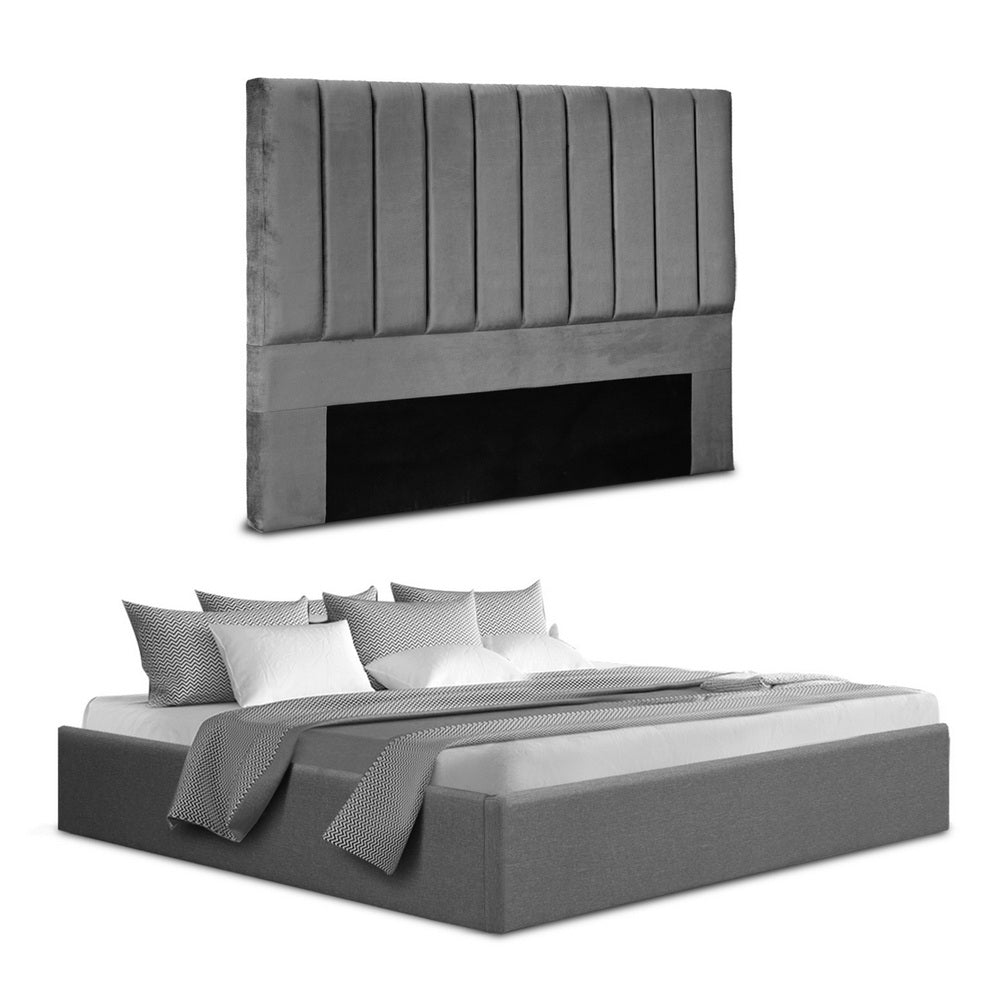 King Bed Frame | Gas Lift Storage Base | Grey Velvet Headboard