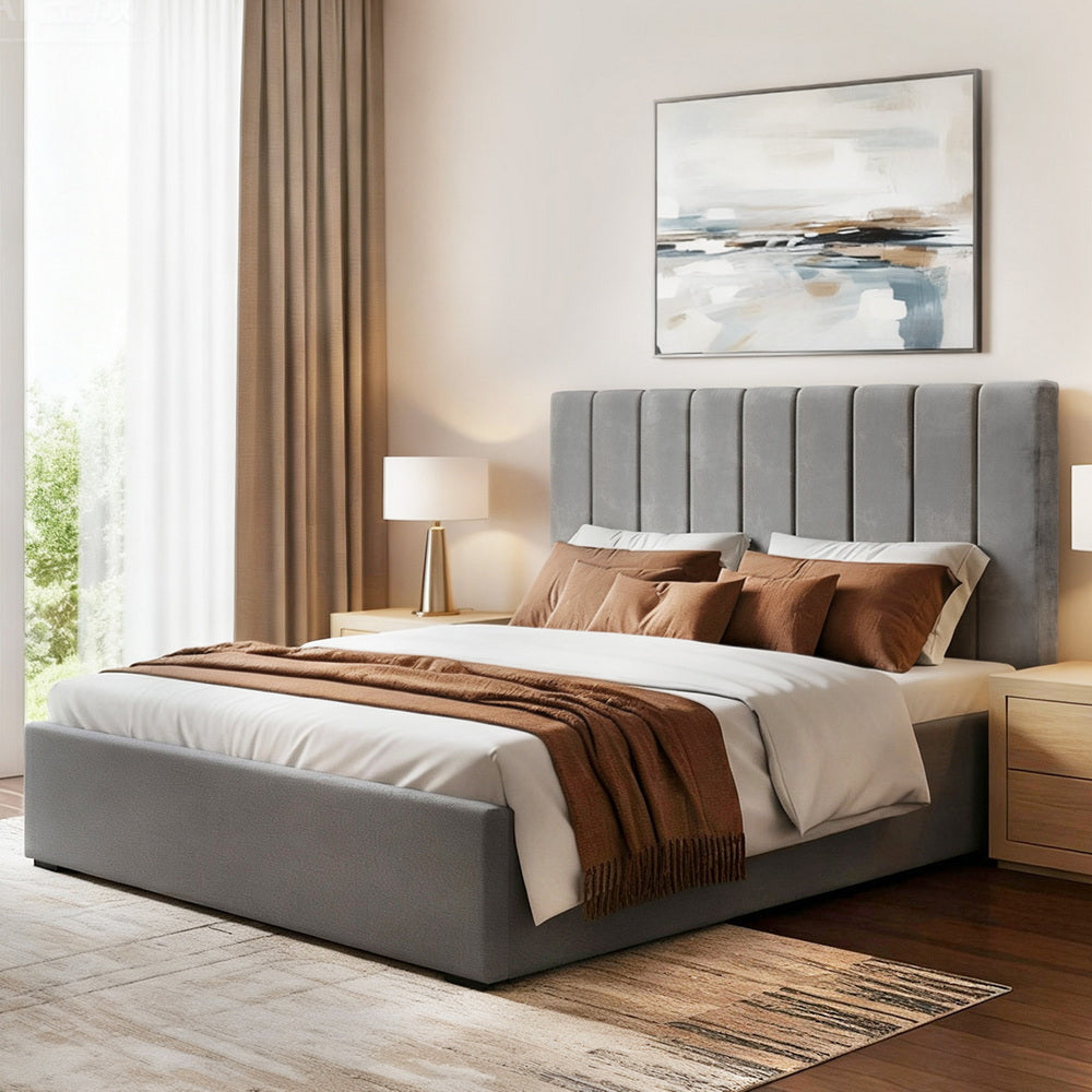 Queen Bed Frame | Gas Lift Storage Base | Grey Velvet Headboard