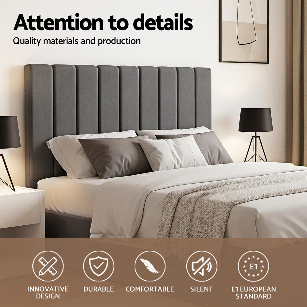 Queen Bed Frame | Gas Lift Storage Base | Grey Velvet Headboard