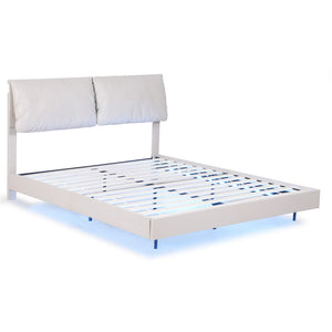 Double Bed Frame | RGB LED Floating Bed | Adjustable Headboard | Beige & White