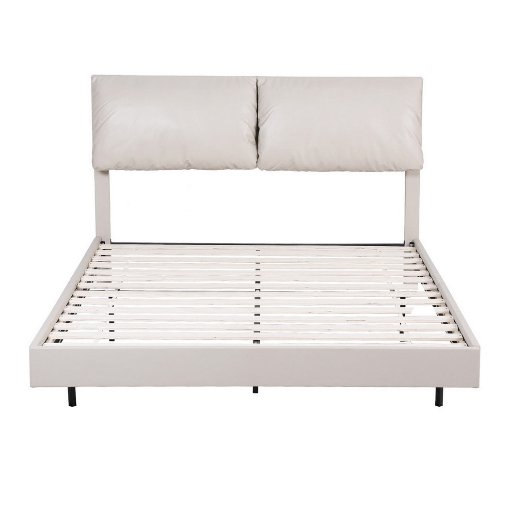 Double Bed Frame | RGB LED Floating Bed | Adjustable Headboard | Beige & White